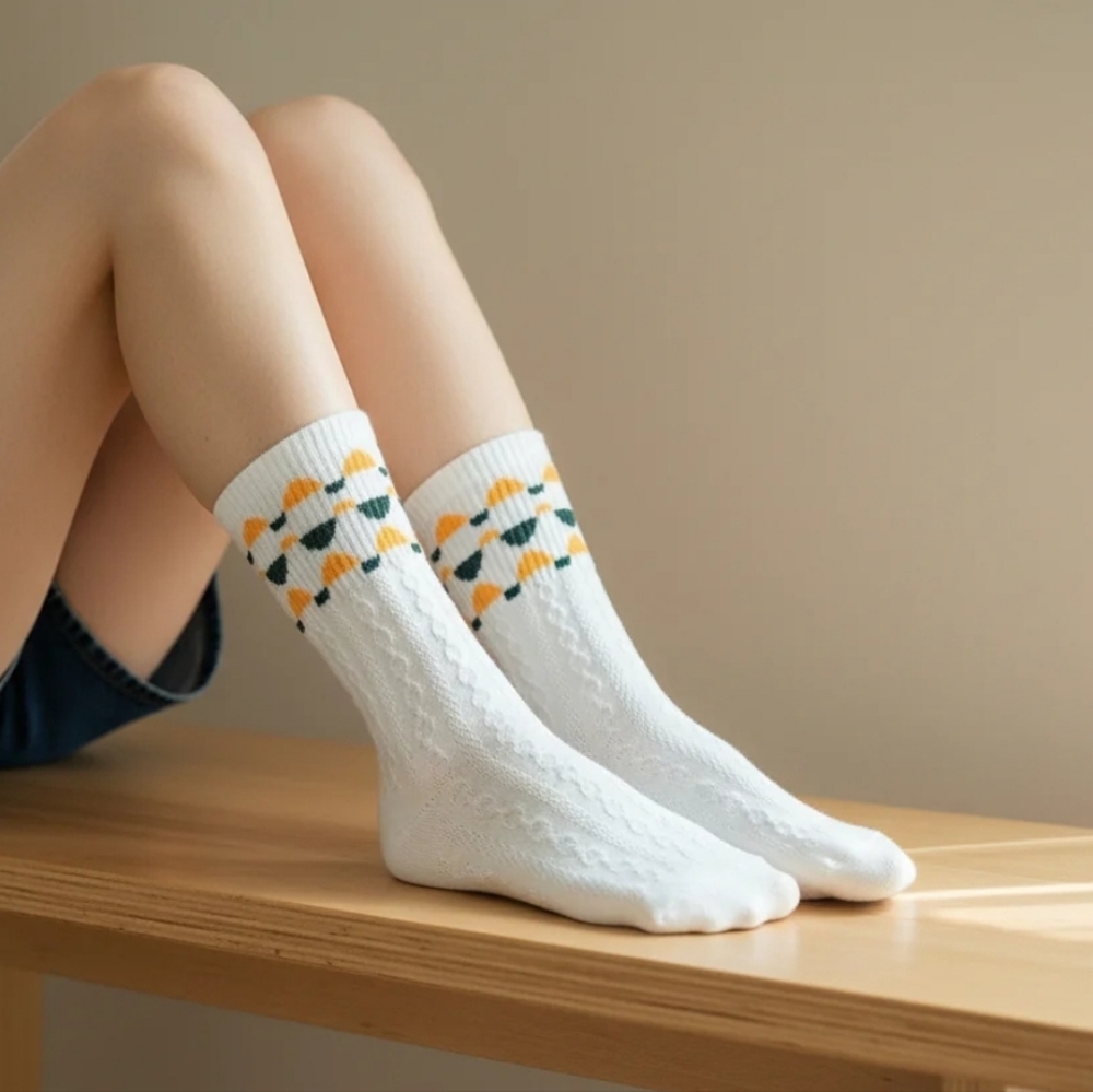 Vintage Style Cable Knit Socks, Floral Socks, Woman's Mid-calf Socks